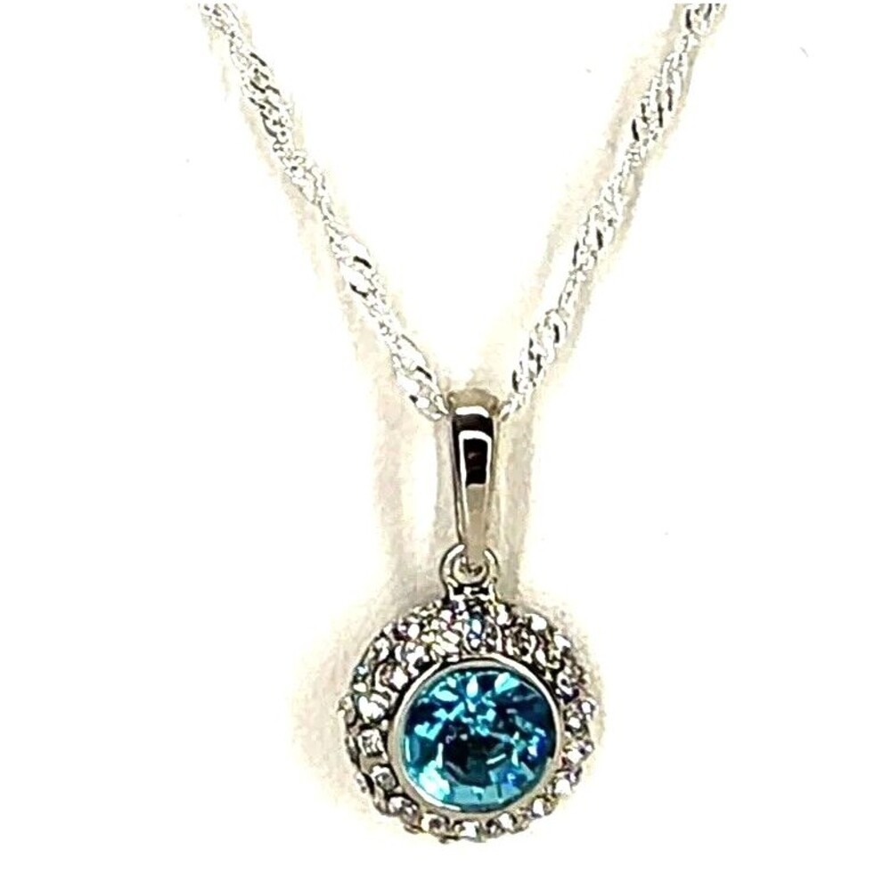 Circle Moon Pendant Necklace, 18k White Gold Plated, Aqua Stone & Pave Crystals